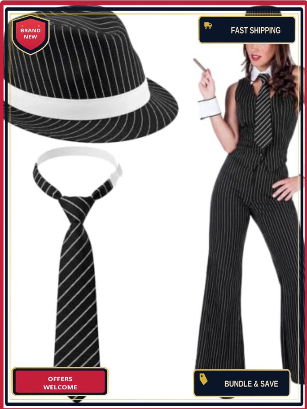 1920s Gangster Mob Boss Costume Set Pinstripe Fedora Hat Bow Tie